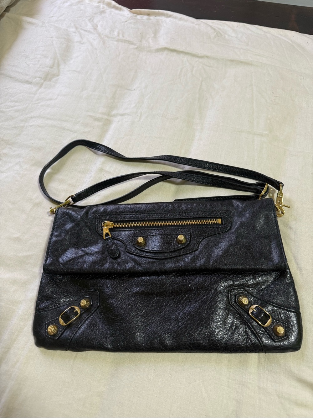 Balenciaga City Bag Edge Flap Clutch Crossbody Black Leather Gold-Tone Hardware